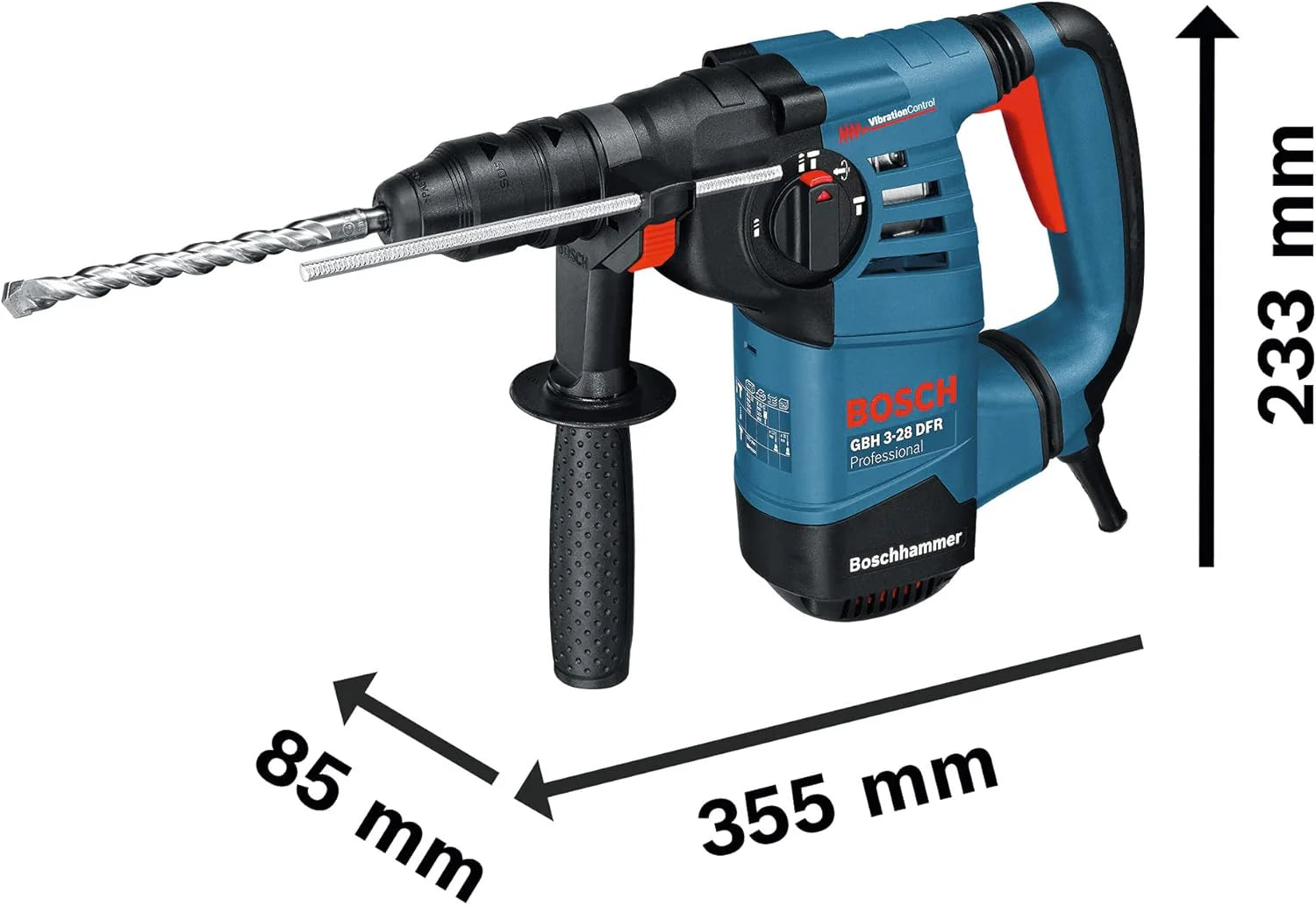 Bosch Professional: młot udarowo-obrotowy GBH 3-28 DFR (800 W, nominalna prędkość obrotowa 0 – 900 min-1, wymienny uchwyt SDS plus, ogranicznik głębokości 210 mm, walizka)