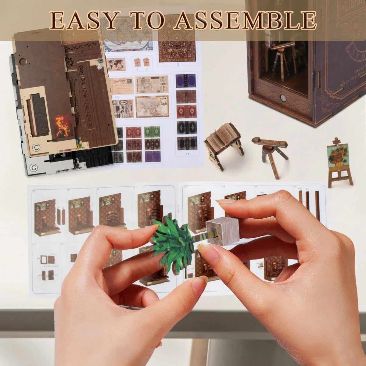 Book Nook Miniature Library Kit with Sensor Light, DIY for Bookshelf