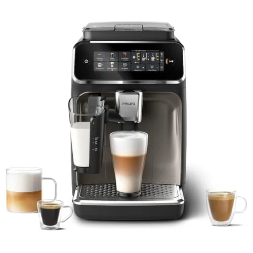 Philips Ekspres do kawy z serii 3300 w pełni zautomatyzowany - 6 napojów, Nowoczesny, Kolorowy ekran dotykowy, LatteGo, SilentBrew, Młynek w 100% ceramiczny, Filtr AquaClean, Czarny chrom (EP3347/90)