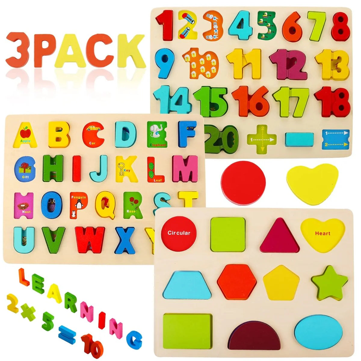 Montessori Wooden Puzzle Set with Letters, Shapes and Numbers Boards