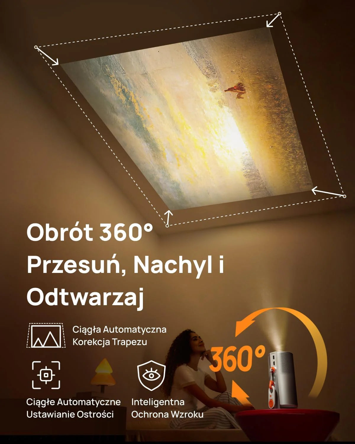 XGIMI MoGo 4 Mini Projektor 1080P, Zintegrowany Google TV & Netflix z Licencją, Obrot 360°, 2,5 Godziny Odtwarzania, 450 Lumens ISO, 2x6W Harman Kardon, Wi-Fi, Bluetooth
