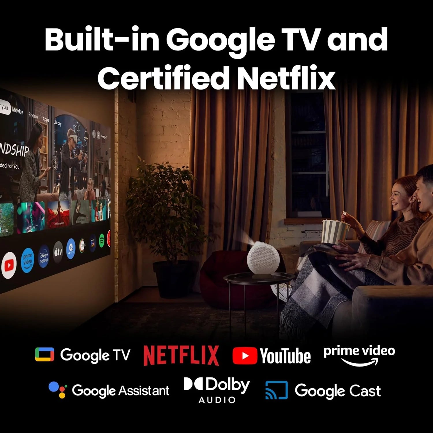 BenQ GV32 1080p przenośny projektor sufitowy, 500 ANSI lumenów LED, Google TV z licencją Netflix, HDR10 z 95% Rec. 709, Wi-Fi i Bluetooth, głośnik subwoofera