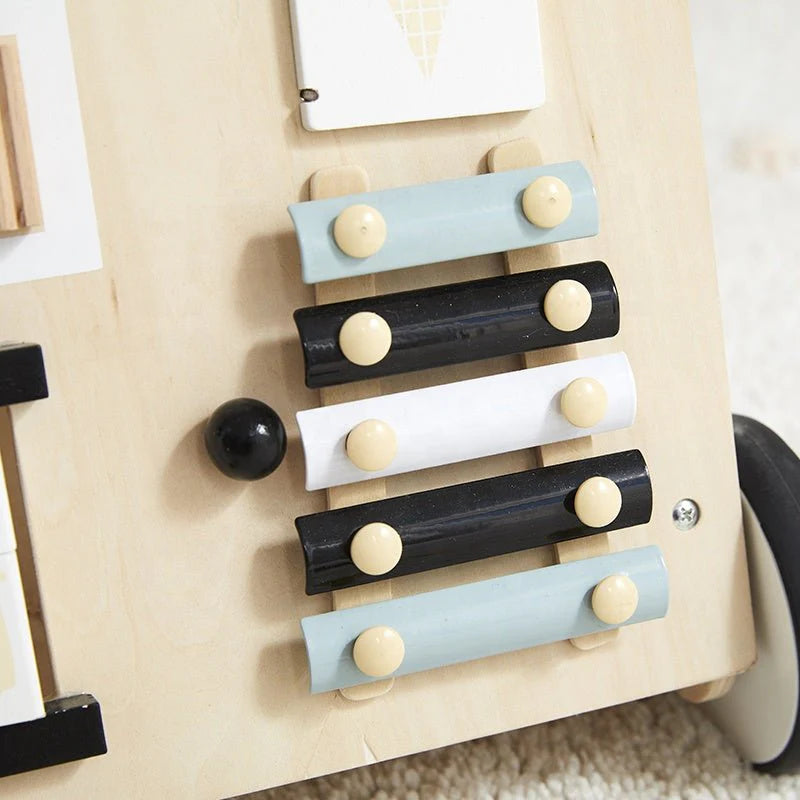Wooden Baby Walker with Activity Board and Adjustable Wheel Resistance