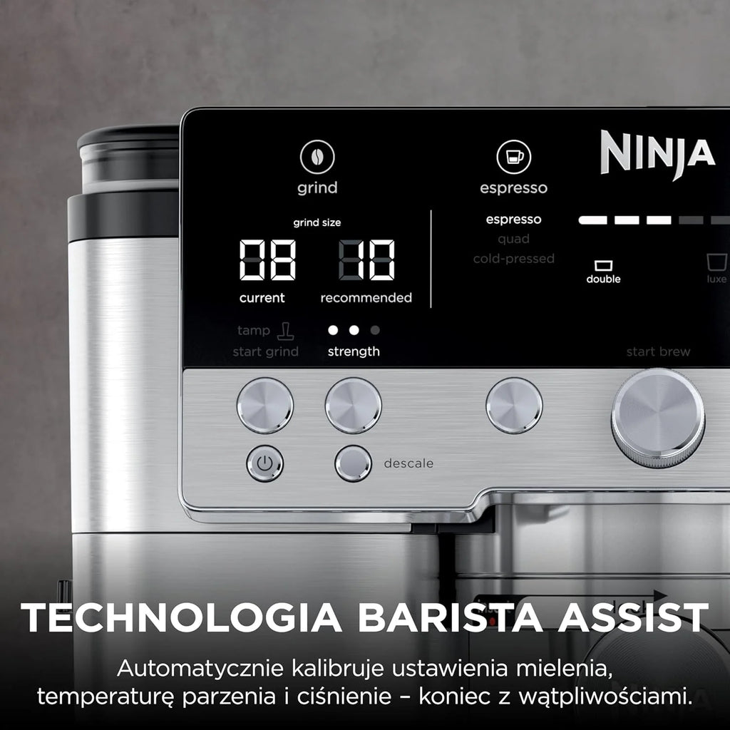 Ninja Luxe Premier Ekspres do kawy 3 w 1, latte, cappuccino, cold brew, espresso, wbudowany młynek i spieniacz do mleka, łatwy w obsłudze, 4 automatyczne ustawienia spieniania, srebrny, ES601EU