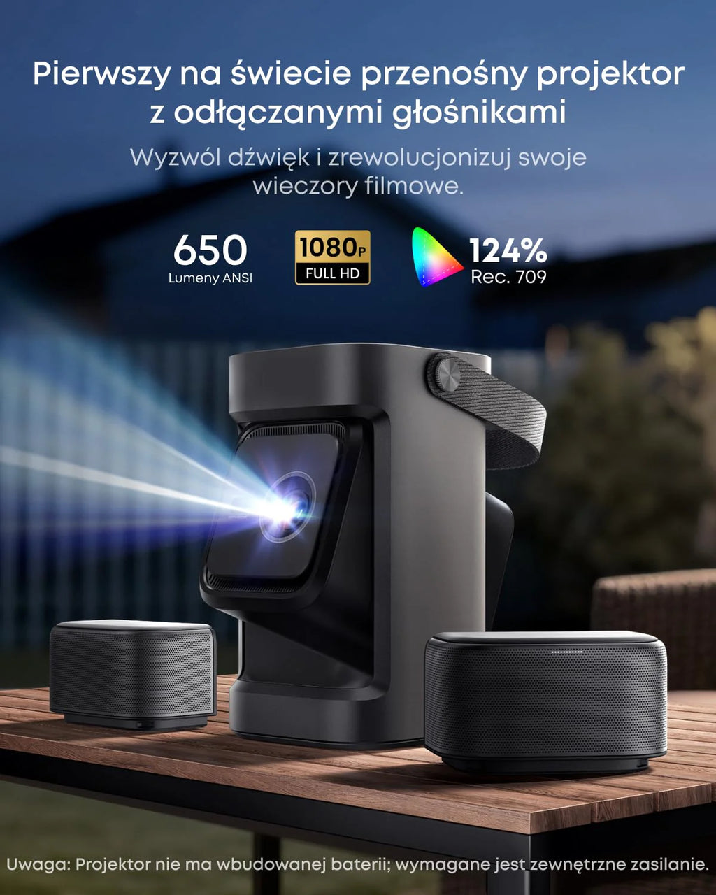 Przenośny projektor Nebula P1, bezprzewodowe odłączane głośniki, 650 lumenów ANSI, dźwięk przestrzenny 2.0 o mocy 20 W, rozdzielczość 1080p, dwuramienny stabilizator 130°, automatyczna regulacja obraz