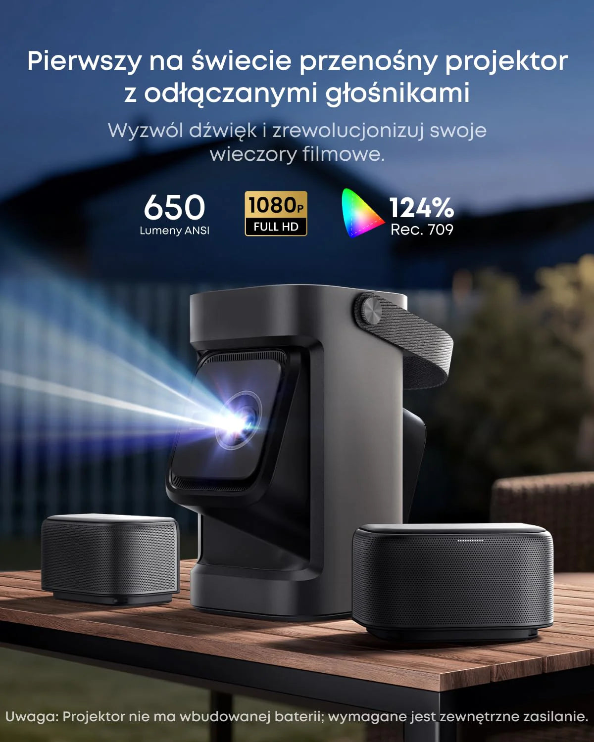 Przenośny projektor Nebula P1, bezprzewodowe odłączane głośniki, 650 lumenów ANSI, dźwięk przestrzenny 2.0 o mocy 20 W, rozdzielczość 1080p, dwuramienny stabilizator 130°, automatyczna regulacja obraz