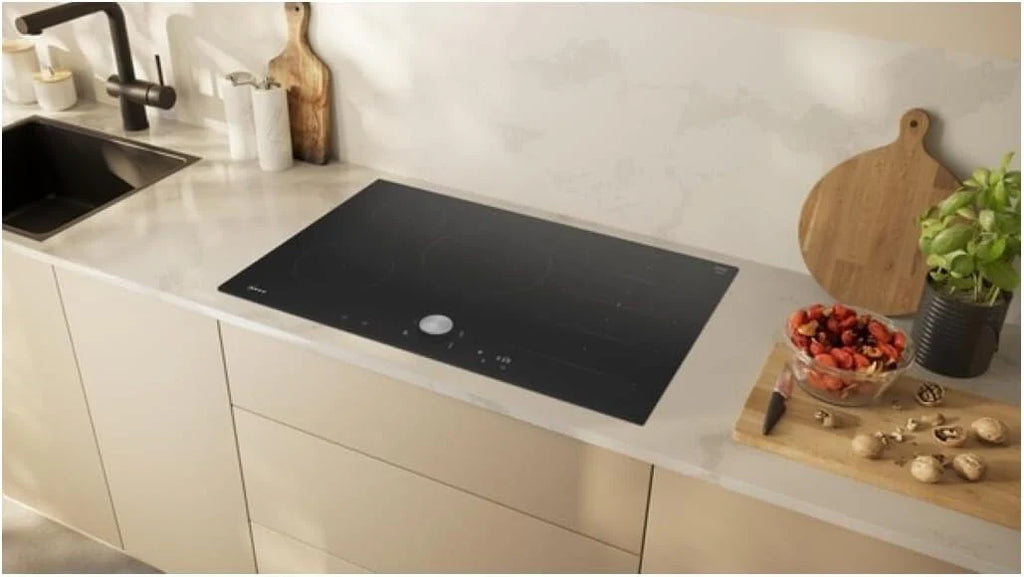 NEFF T68FTV4L0 płyta indukcyjna N90, samowystarczalna płyta grzewcza z ceramiki szklano-ceramicznej, szerokość 80 cm, Twist Pad, Flex Induction, Home Connect, Smart Hood Automatic, bez ramy, czarna