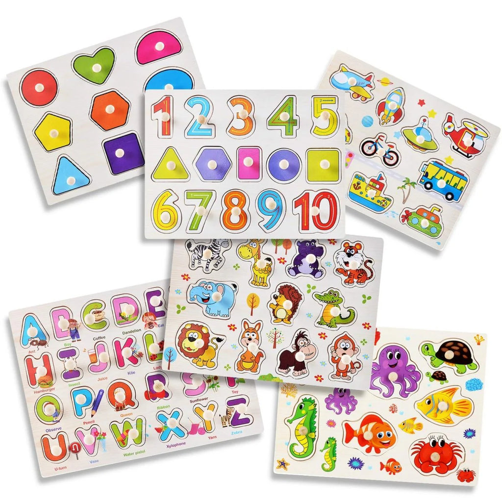 6-Pack Wooden Peg Puzzles Letters, Numbers, Shapes & Animals