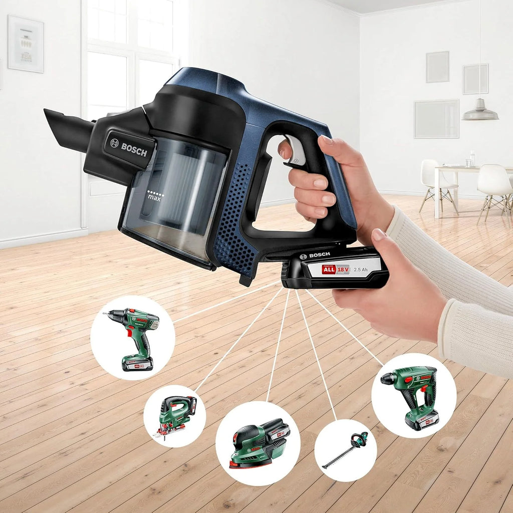 Bosch Akumulatorowy odkurzacz Unlimited seria 6 BKS6111P, bezprzewodowy odkurzacz ręczny, bezworkowy, lekki, higieniczny filtr, wysoka moc ssania, długi czas pracy, ssawka szczelinowa, wszystkie