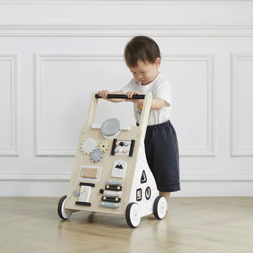 Wooden Baby Walker with Activity Board and Adjustable Wheel Resistance