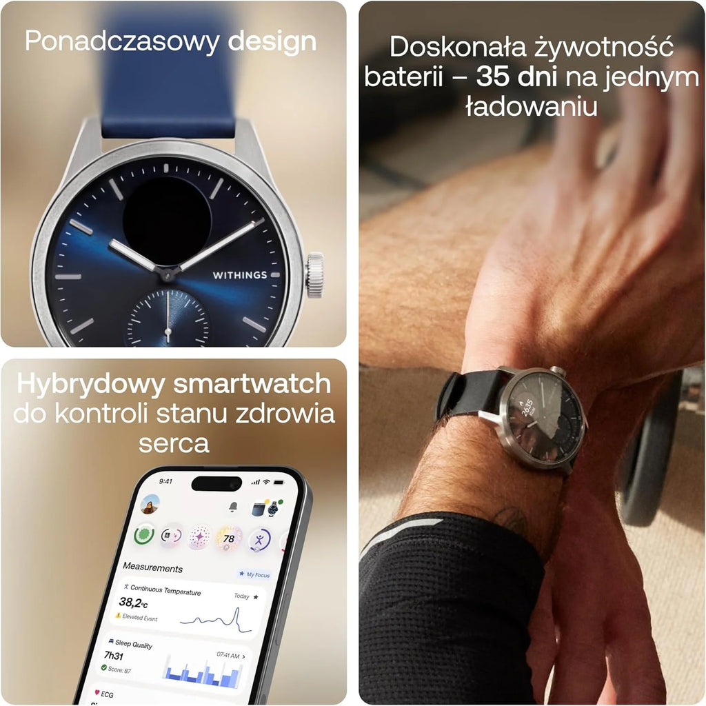 Withings ScanWatch 2 Zdrowie Smart Watch dla kobiet i mężczyzn, EKG, SpO2, temperatura, monitorowanie snu, zdrowie oddychania, wodoodporny, 30-dniowa bateria, Android i iOS