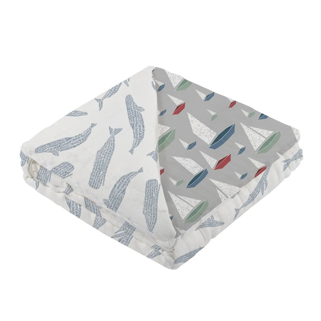 Blue Shadow Whales and Marina Sailboats Bamboo Blanket