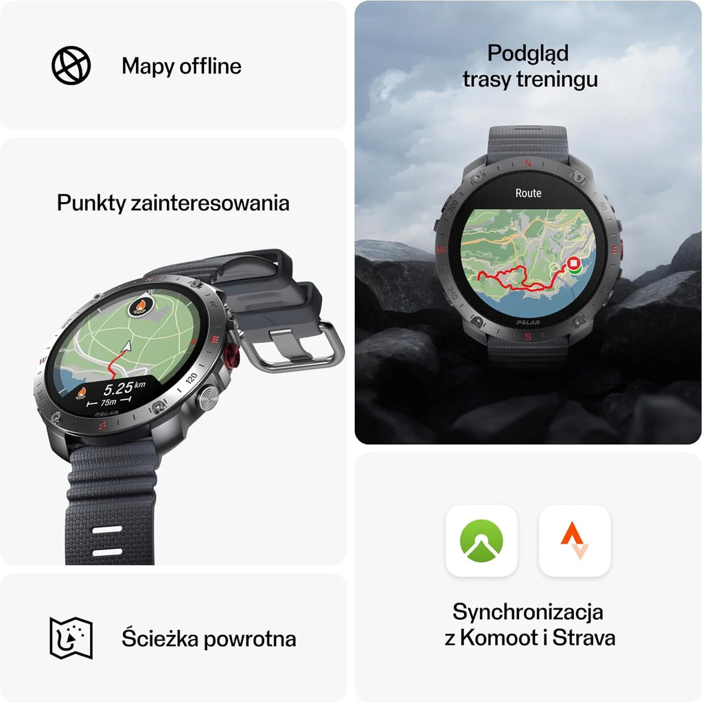 Polar Grit X2 Pro z GPS klasy premium – wytrzymały zegarek outdoorowy. Zaawansowana nawigacja i monitorowanie danych, sensor tętna i inne bioczujniki zaprojektowane dla najlepszej wydajności