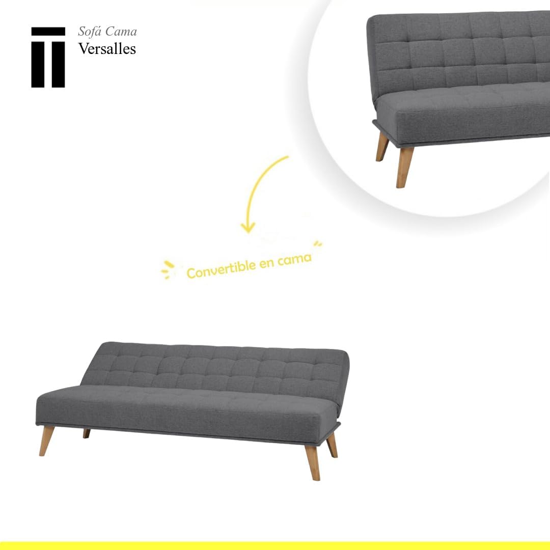 SHIITO | Model Versailles – Sofa rozkładana Click-Clack | Elegancja i wygoda spotykają się | Pikowane wykończenie w kolorze szarym | 189,5 x 88 x 89 cm