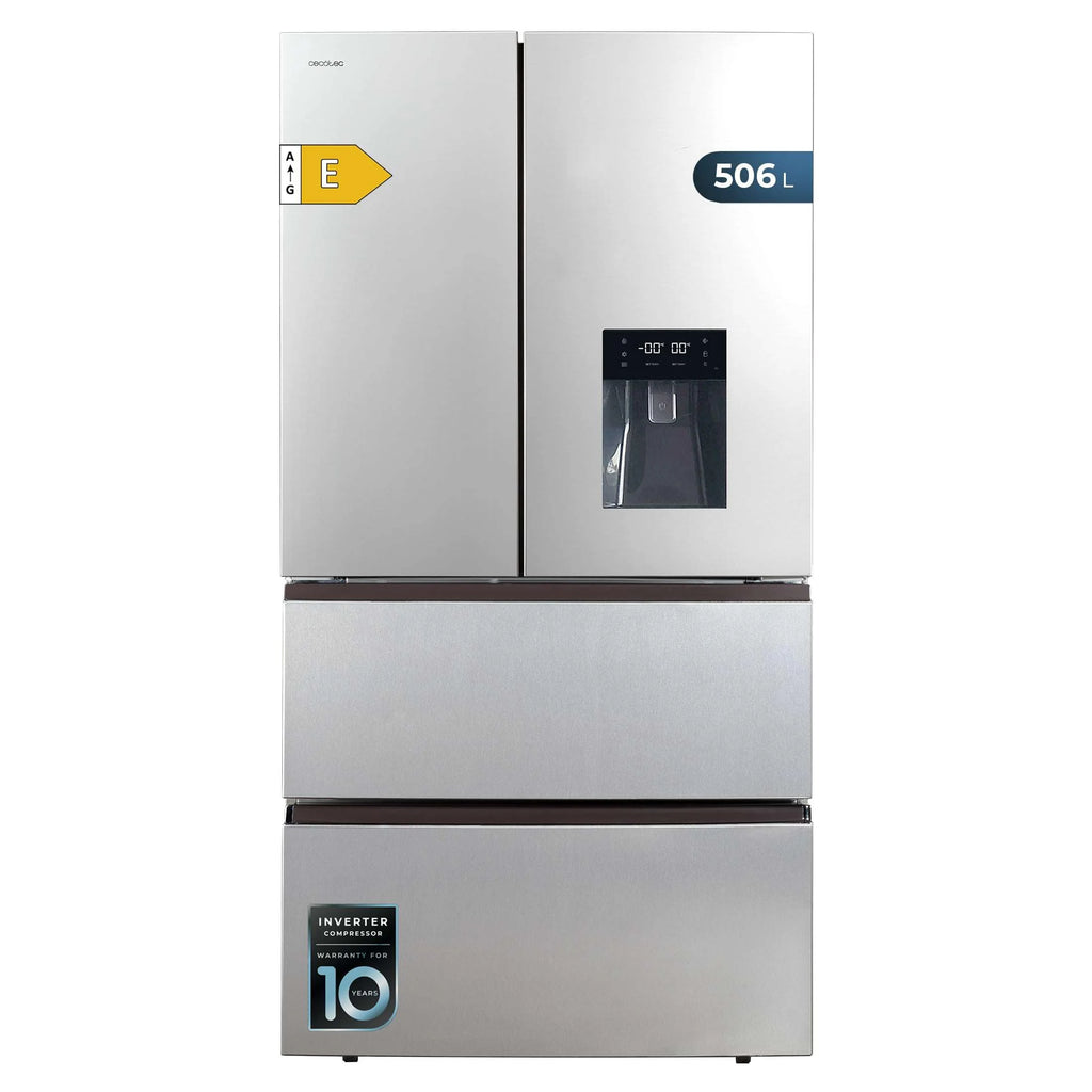 Cecotec Lodówka Francuska Drzwi Inox z dozownikiem wody 510 L Bolero CoolMarket FD 510 WD Inox E. 183 cm Wysoki, 84 cm Szerokość, Silnik Inverter Plus, Niskie zużycie, Łącznie NoFrost