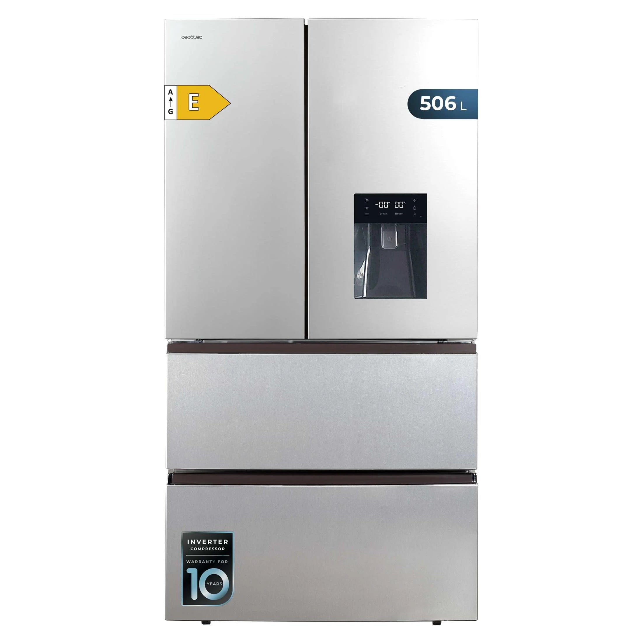 Cecotec Lodówka Francuska Drzwi Inox z dozownikiem wody 510 L Bolero CoolMarket FD 510 WD Inox E. 183 cm Wysoki, 84 cm Szerokość, Silnik Inverter Plus, Niskie zużycie, Łącznie NoFrost