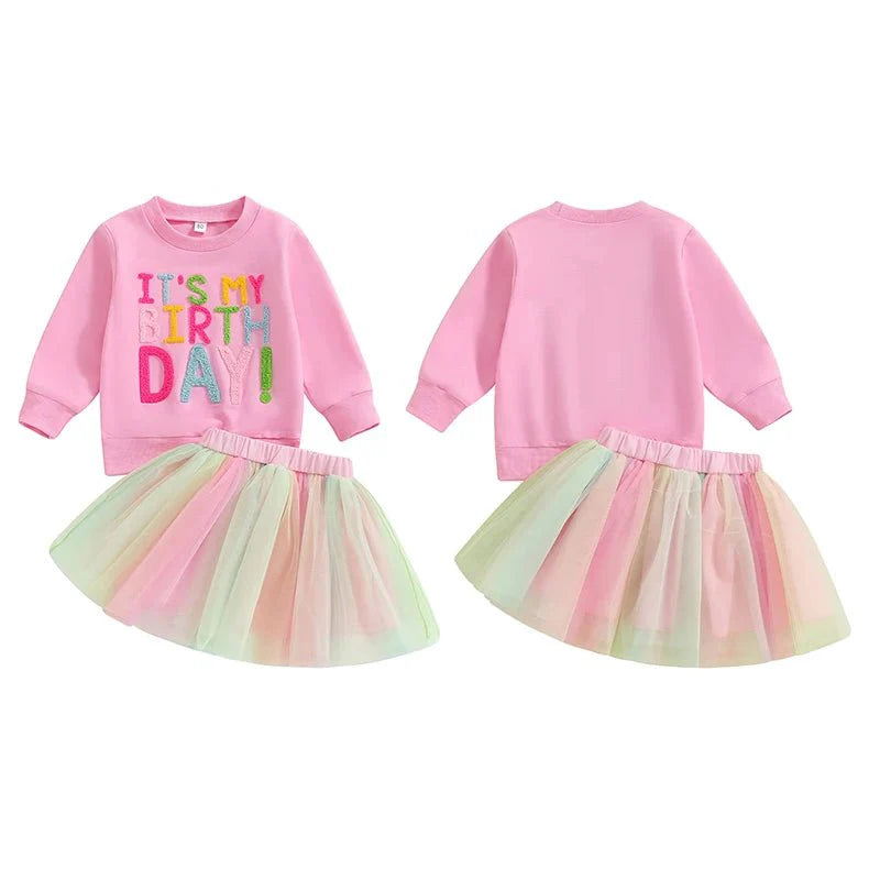 Kids Girls Outfit Long Sleeve Embroidery Letters Sweatshirt Tulle Skirt Birthday Clothes