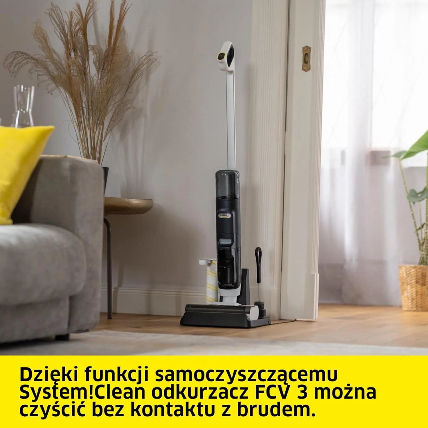 Kärcher bezprzewodowy mop odkurzający FCV 4 Dry Extra, 4 tryby czyszczenia, bateria: ok. 45 min, powierzchnia użytkowa na jedno ładowanie: ok. 200 m², stacja czyszcząca, ładująca i susząca