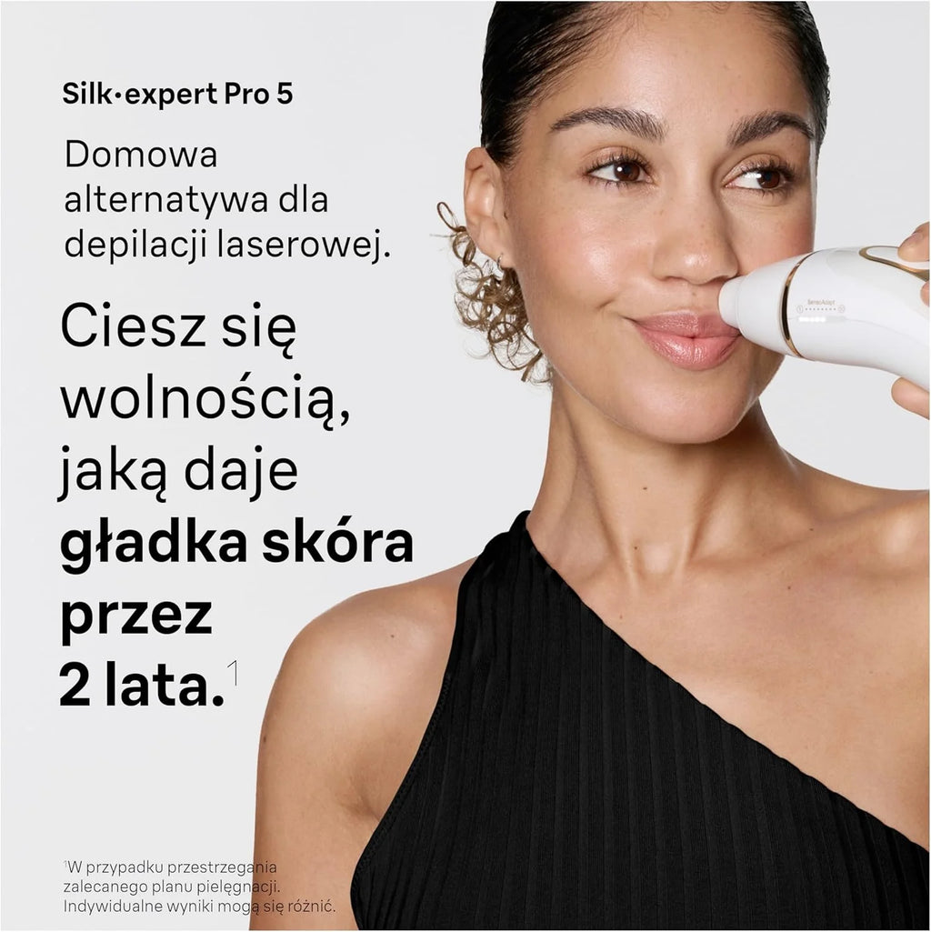 Braun IPL Smart Silk·expert Pro 5, Laserowe Usuwanie Owłosienia w Domu, Trwała Depilacja, Z Saszetką, 2 Nasadkami, PL5210