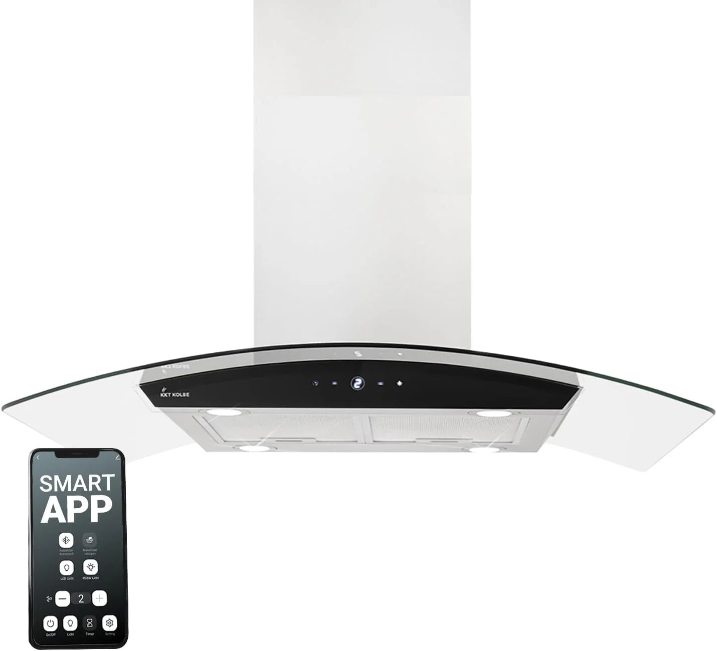 KKT KOLBE Okap kuchenny 90 cm, stal nierdzewna, czarne szkło, aplikacja Smart WiFi, funkcja automatycznego dopływu, obsługa SensorTouch, Delta-Insel-HC