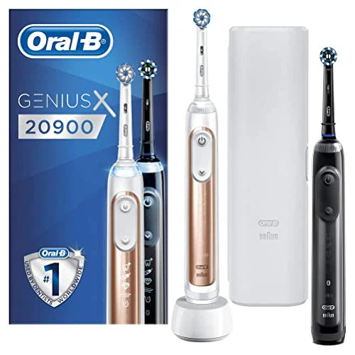 Oral-B Genius X 20900 elektryczna szczoteczka do zębów, dwupak, 6 trybów czyszczenia, Bluetooth, etui, prezent, różowe złoto