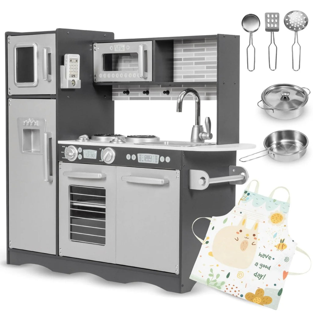 Wooden Kids Kitchen with LED, Microwave, Fridge, Accessories and Oven