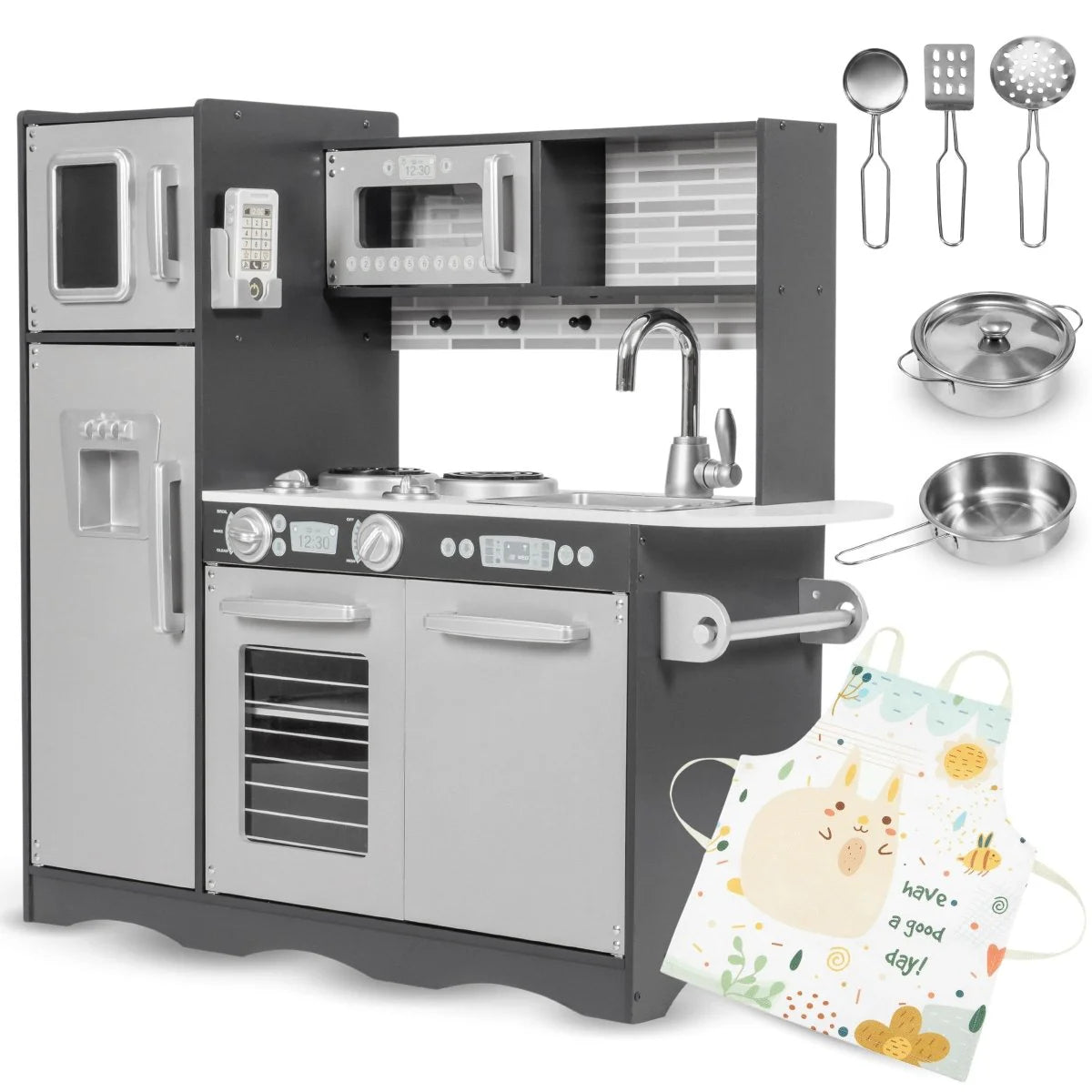 Wooden Kids Kitchen with LED, Microwave, Fridge, Accessories and Oven
