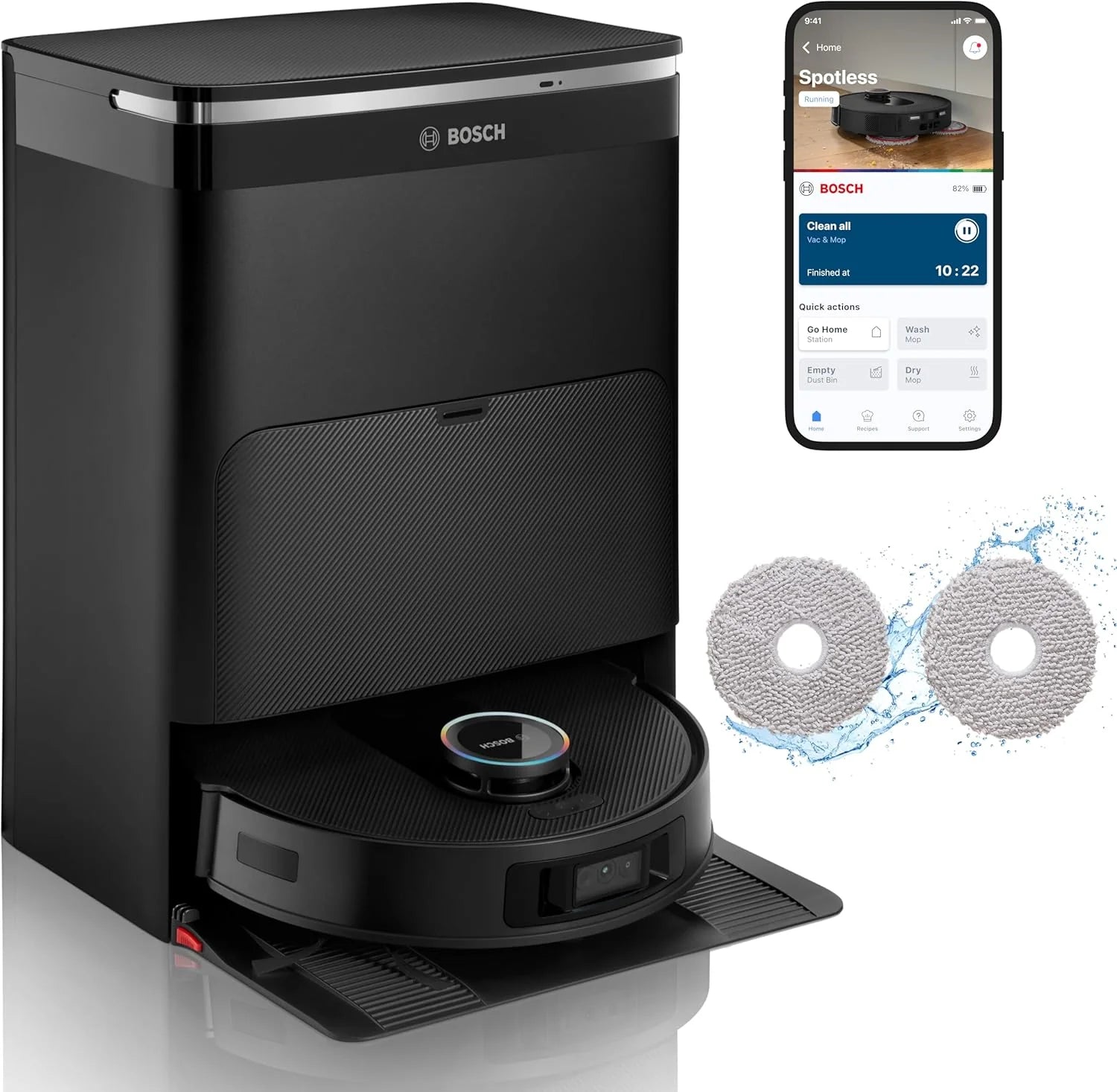 Bosch Spotless Max Robot sprzątający z funkcją mopowania, moc ssania 11 000 Pa, wysuwana nakładka mopującą, stacja czyszczącą, nawigacją Smart Vision, aplikacja Bosch Home Connect, BCRDW3B, czarny