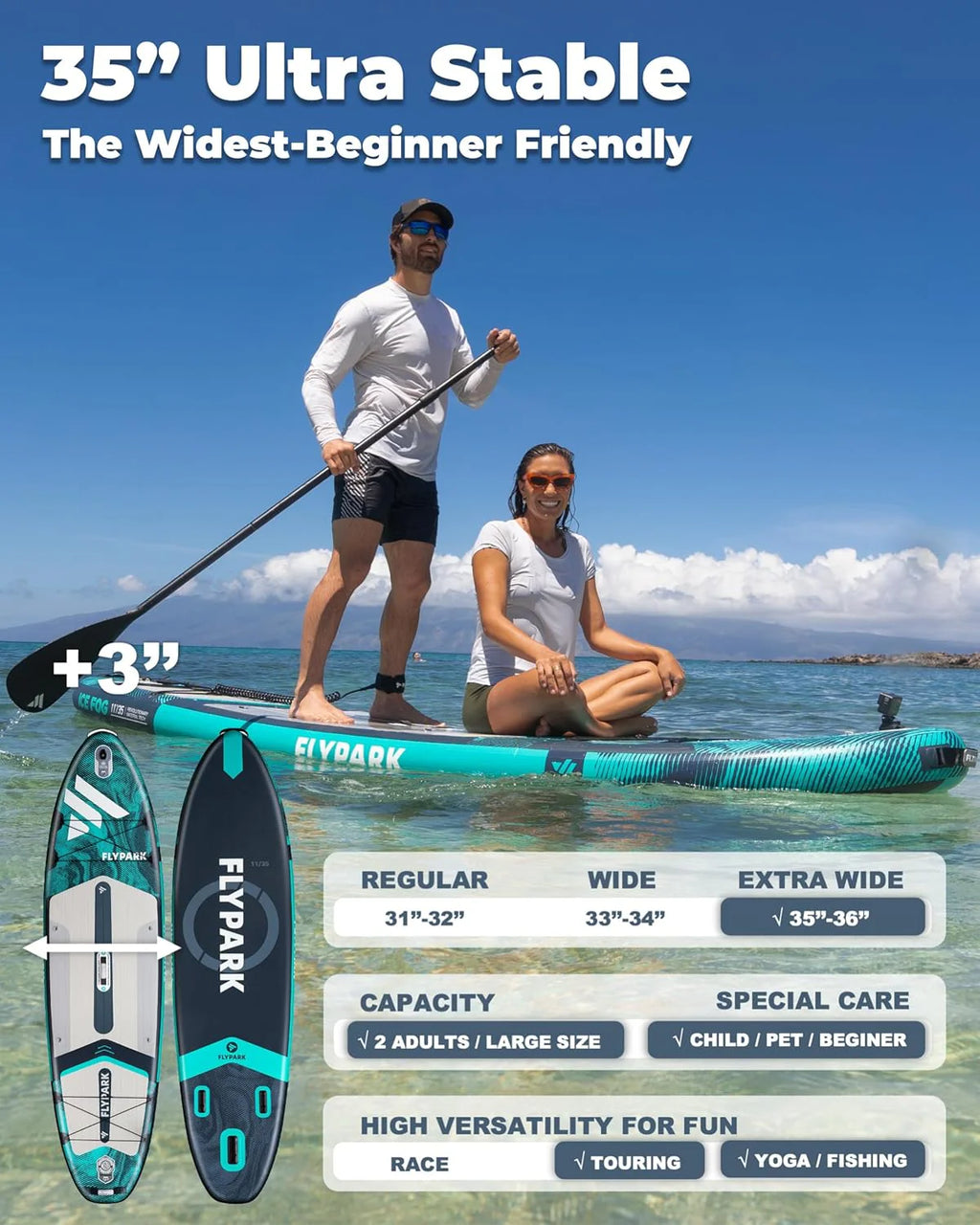 Flypark 10'8/11'x35'' wędkarstwo i rodzinne stabilne nadmuchiwane deski wiosłowe, bardzo szerokie nadmuchiwane deski SUP, łożysko 195 kg, deska do wiosłowania stojącego, uchwyt na aparat, pasek na