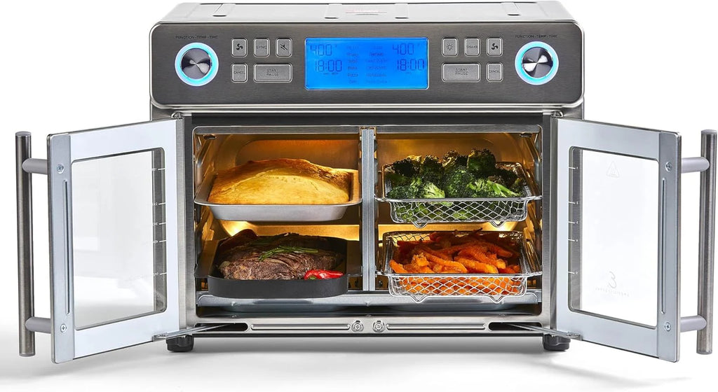 Emeril Lagasse Dwustrefowa frytkownica powietrzna 360 z drzwiami francuskimi, 25 QT, gotuj dwa potrawy na różne sposoby, do 60% szybciej od mrożonego do końca
