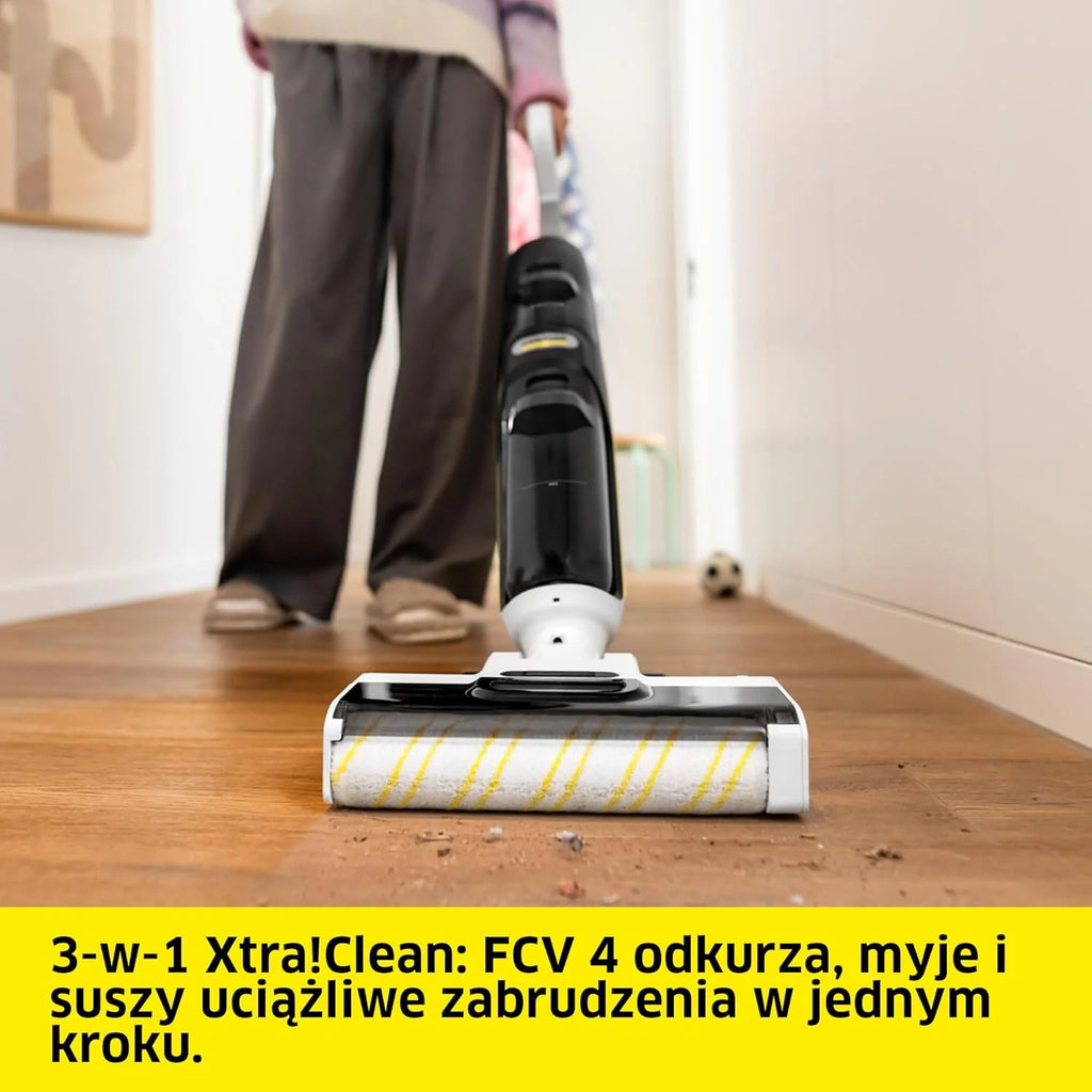 Kärcher bezprzewodowy mop odkurzający FCV 4 Dry Extra, 4 tryby czyszczenia, bateria: ok. 45 min, powierzchnia użytkowa na jedno ładowanie: ok. 200 m², stacja czyszcząca, ładująca i susząca