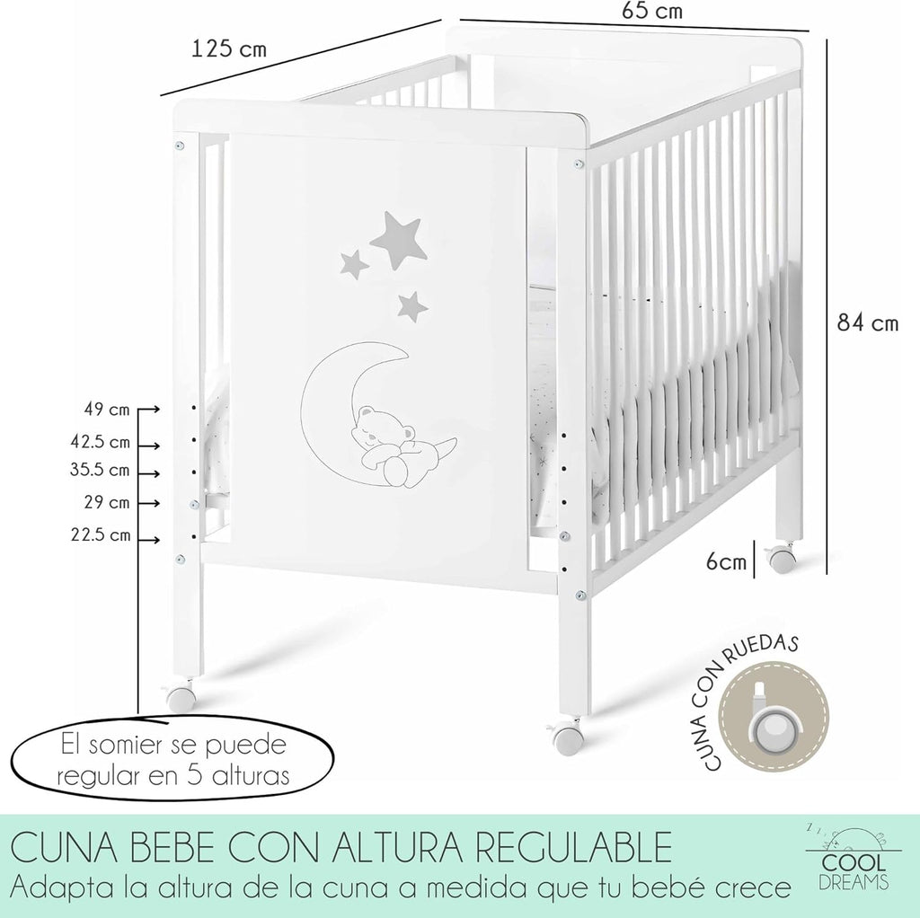 Łóżeczko dostawne dla niemowląt, zestaw łączący łóżeczko z łóżkiem, materac Morfeo HR (certyfikaty Oeko-Tex® i CertiPUR), 4 kółka, prześcieradła z gumką i płaskie z naturalnej bawełny. Indi CoolDreams CoolDreams