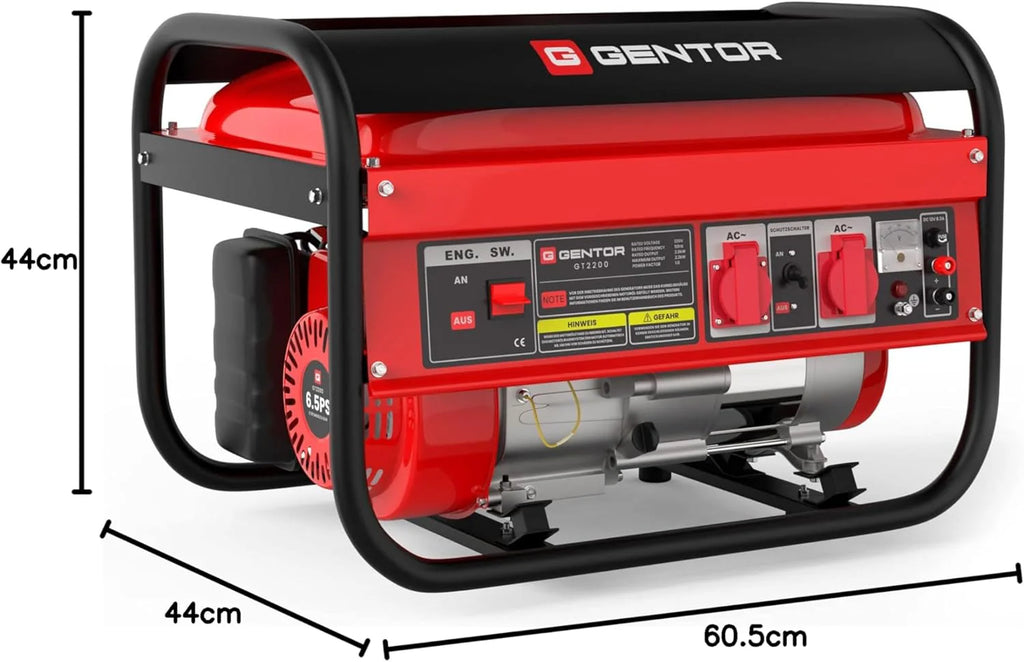 GENTOR generator prądu awaryjnego benzyna cichy 2200 Watt 6.5HP, generatory prądu 4-suwowy silnik benzynowy, 2x 230V, 1x 12V, pull-start, dla kempingu, na zewnątrz, warsztat, dom