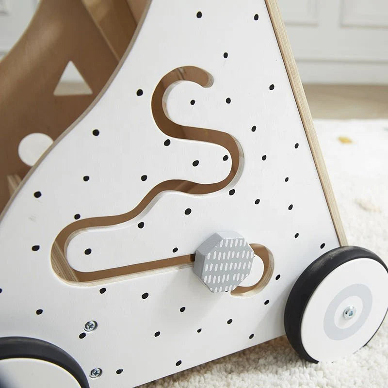 Wooden Baby Walker with Activity Board and Adjustable Wheel Resistance