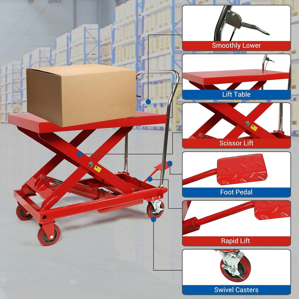 660LBS Hydraulic Lift Table Cart – 31 Lift Height, Double Scissor Design with 4 Wheels & Non-Slip Pad for Material Handling