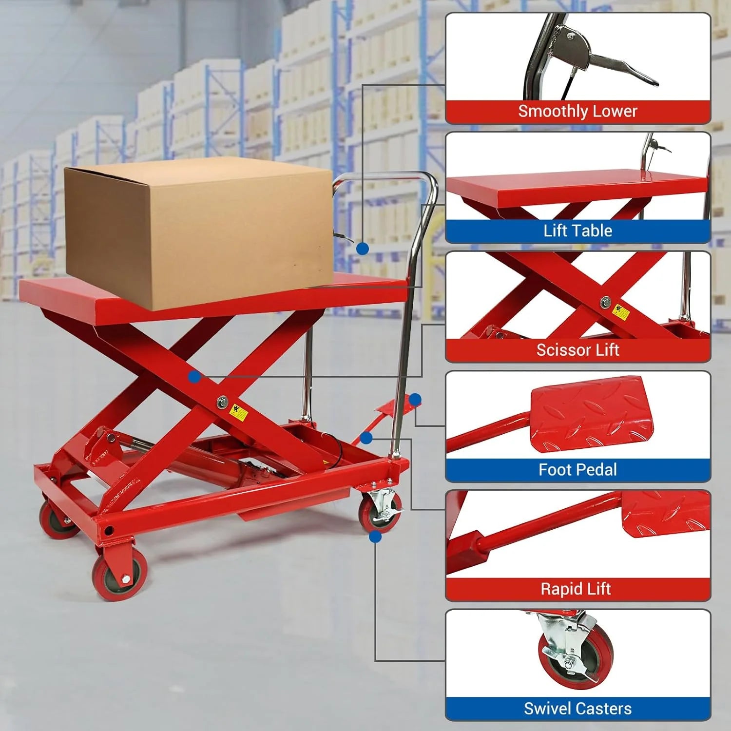 660LBS Hydraulic Lift Table Cart – 31 Lift Height, Double Scissor Design with 4 Wheels & Non-Slip Pad for Material Handling