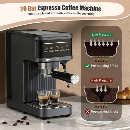 20 Bar Espresso Machine Ekran dotykowy, Zintegrowany Frother mleka do lade i Cappuccino, 1,8L Wyjmowany zbiornik na wodę, półautomat Auto ekspres do kawy z pompą wysokociśnieniową do użytku domowego