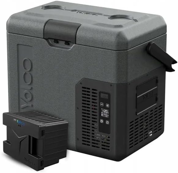 Yolco ET18 Carbon kompresorowa lodówka turystyczna 18 l z akumulatorem SC4B – przenośna lodówka i zamrażarka do -20°C, 12/24 V DC i 230 V, USB, do samochodu, ciężarówki, łodzi, na kemping, szara