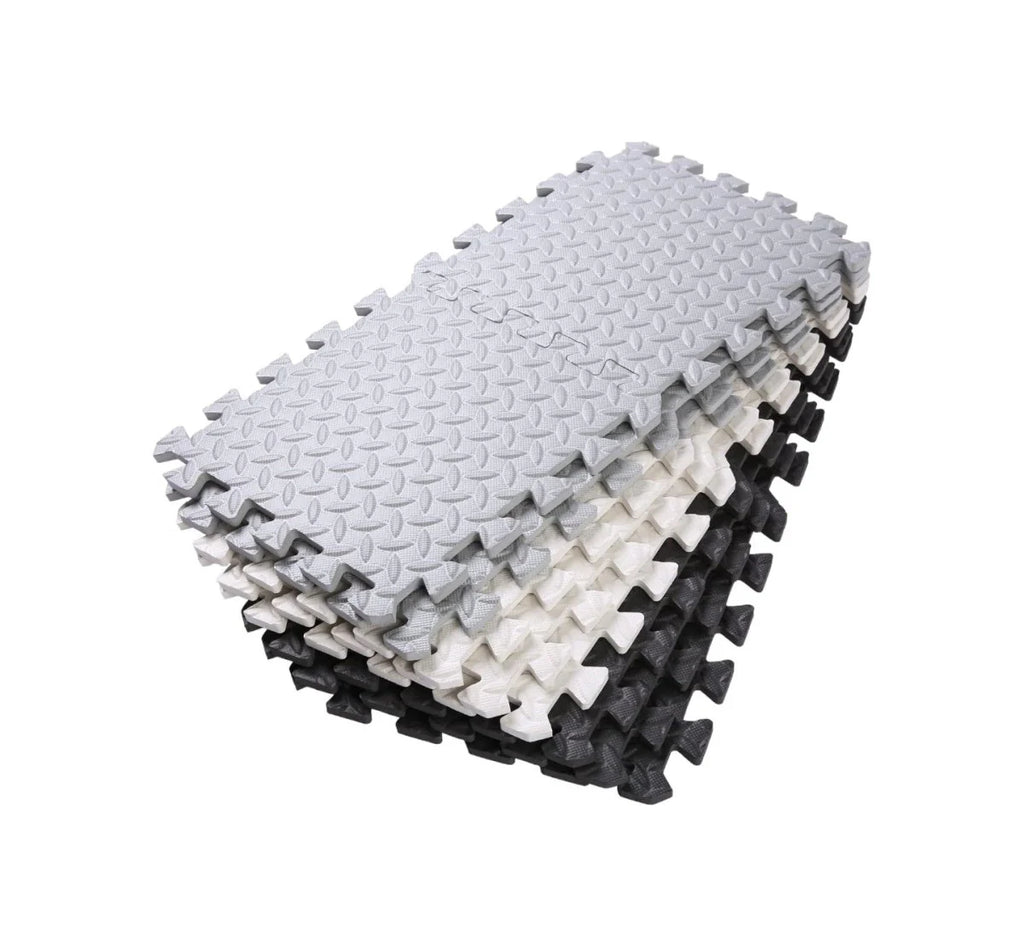 16-Piece Interlocking Foam Play Mats, Grey, White & Black for Kids