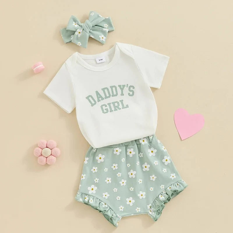 Baby Girls Outfit Short Sleeve Romper - Floral Shorts - Hairband Set Casual Clothes