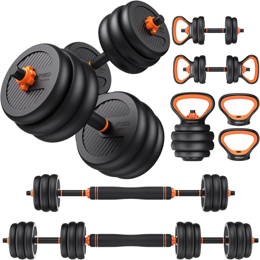 FEIERDUN Regulowane hantle, zestaw hantli o wadze 18 kg ze złączem, zestaw hantli 4 w 1, używany jako sztanga, kettlebell, stojak push-up, ćwiczenia fitness do domowej siłowni odpowiednie dla