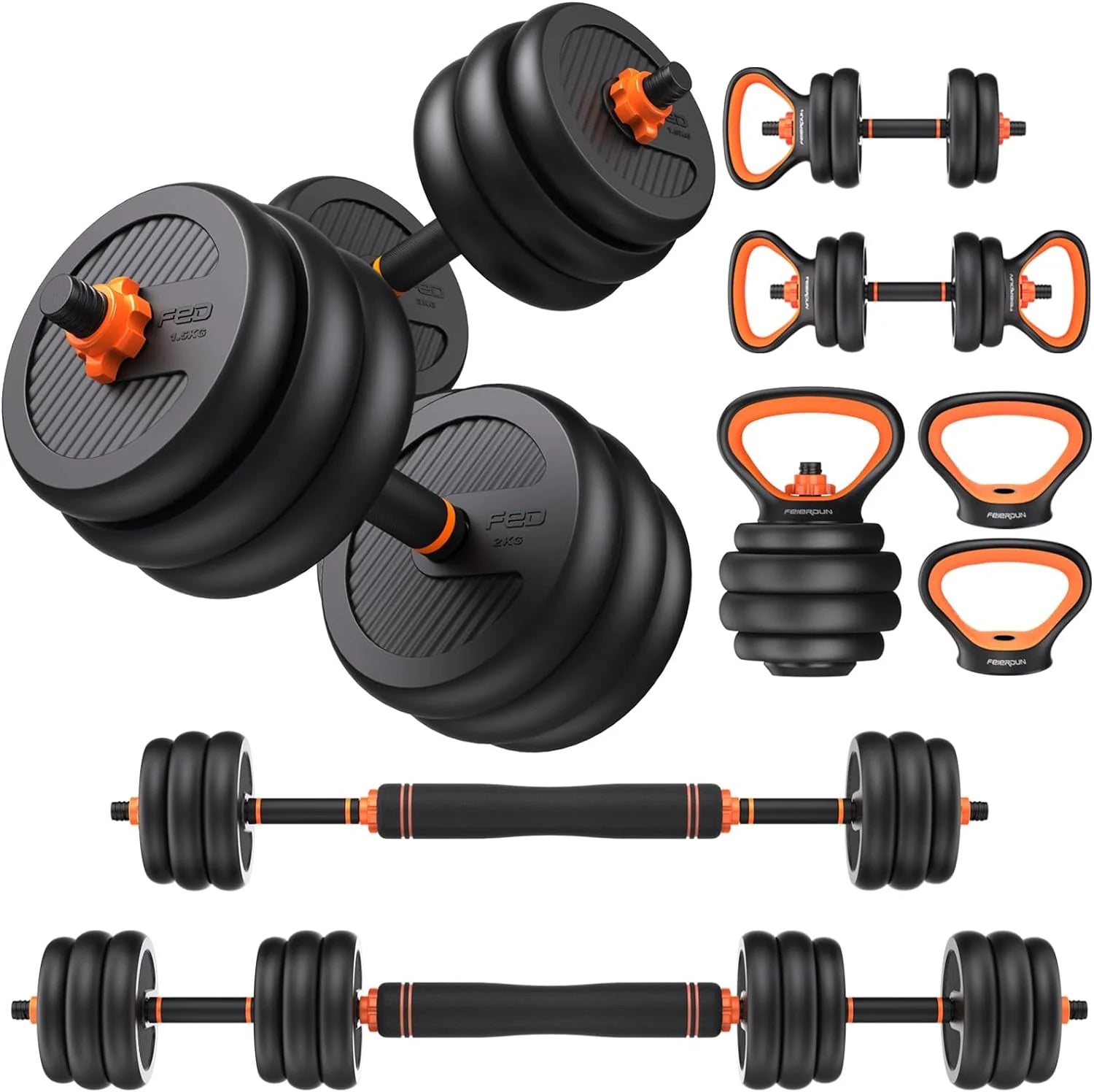 FEIERDUN Regulowane hantle, zestaw hantli o wadze 18 kg ze złączem, zestaw hantli 4 w 1, używany jako sztanga, kettlebell, stojak push-up, ćwiczenia fitness do domowej siłowni odpowiednie dla