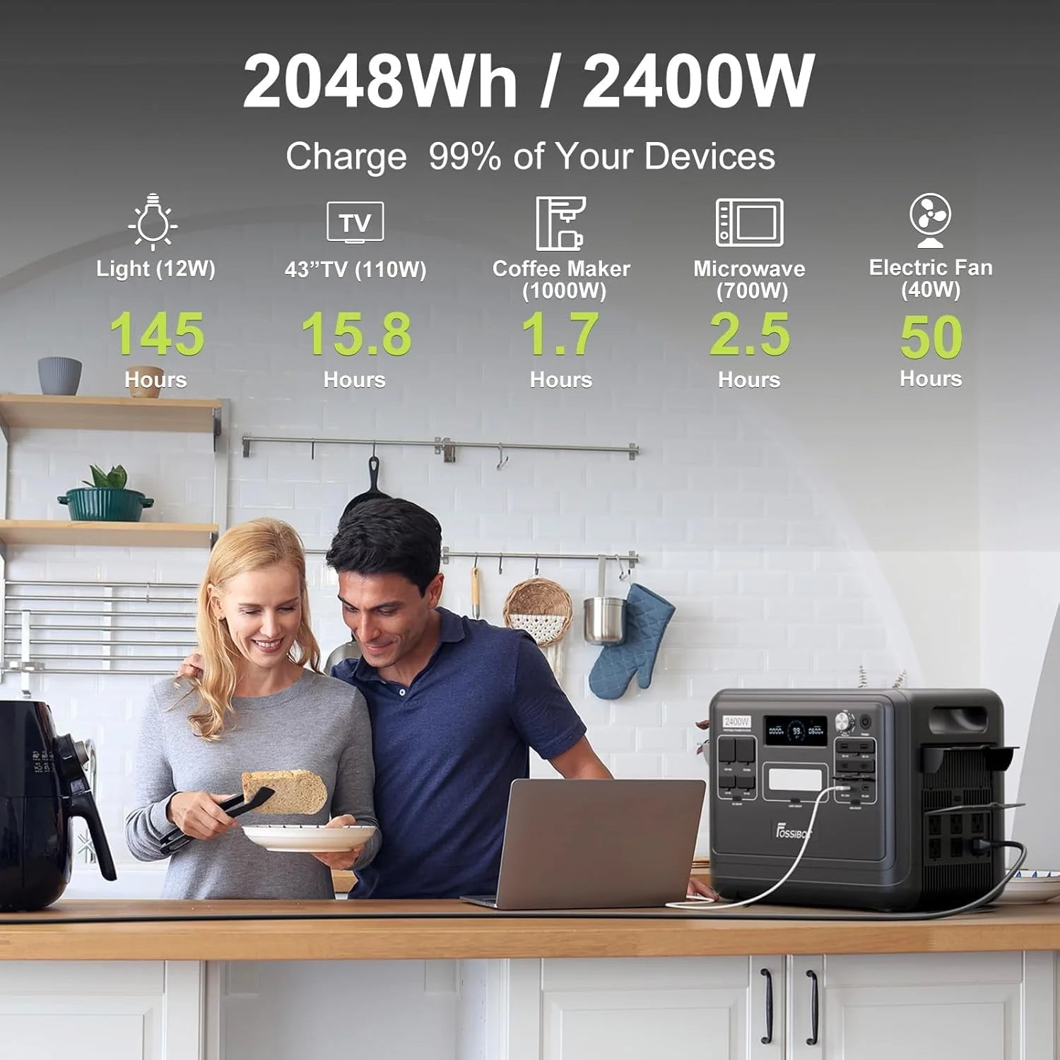 FOSSiBOT-Polska Przenośna Stacja Zasilania 2048 Wh LiFePO4, 3 wyjścia AC 2400 W, Magazyn Energii APPvay（Зарядна станція, 2048 Вт*год, 2400 Вт, аварійне живлення）