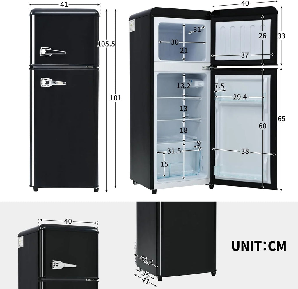 Lodówka w stylu retro, lodówko-zamrażarka, wysokość 105,5 cm, szerokość 41 cm, dwudrzwiowa, całkowita pojemność 92 litrów, 116 kWh/rok, -27°C ~ 13 °C, światło LED (czarny)