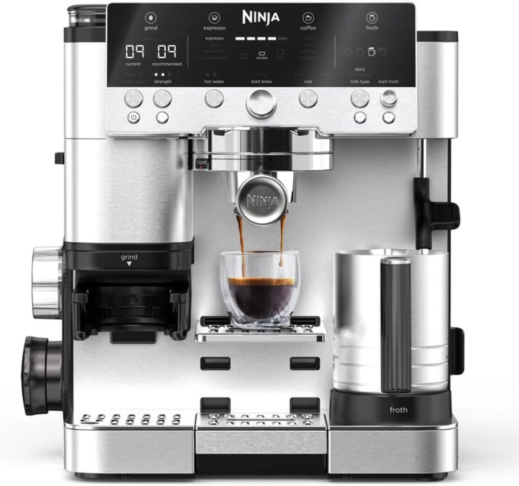 Ninja Luxe Premier Ekspres do kawy 3 w 1, latte, cappuccino, cold brew, espresso, wbudowany młynek i spieniacz do mleka, łatwy w obsłudze, 4 automatyczne ustawienia spieniania, srebrny, ES601EU