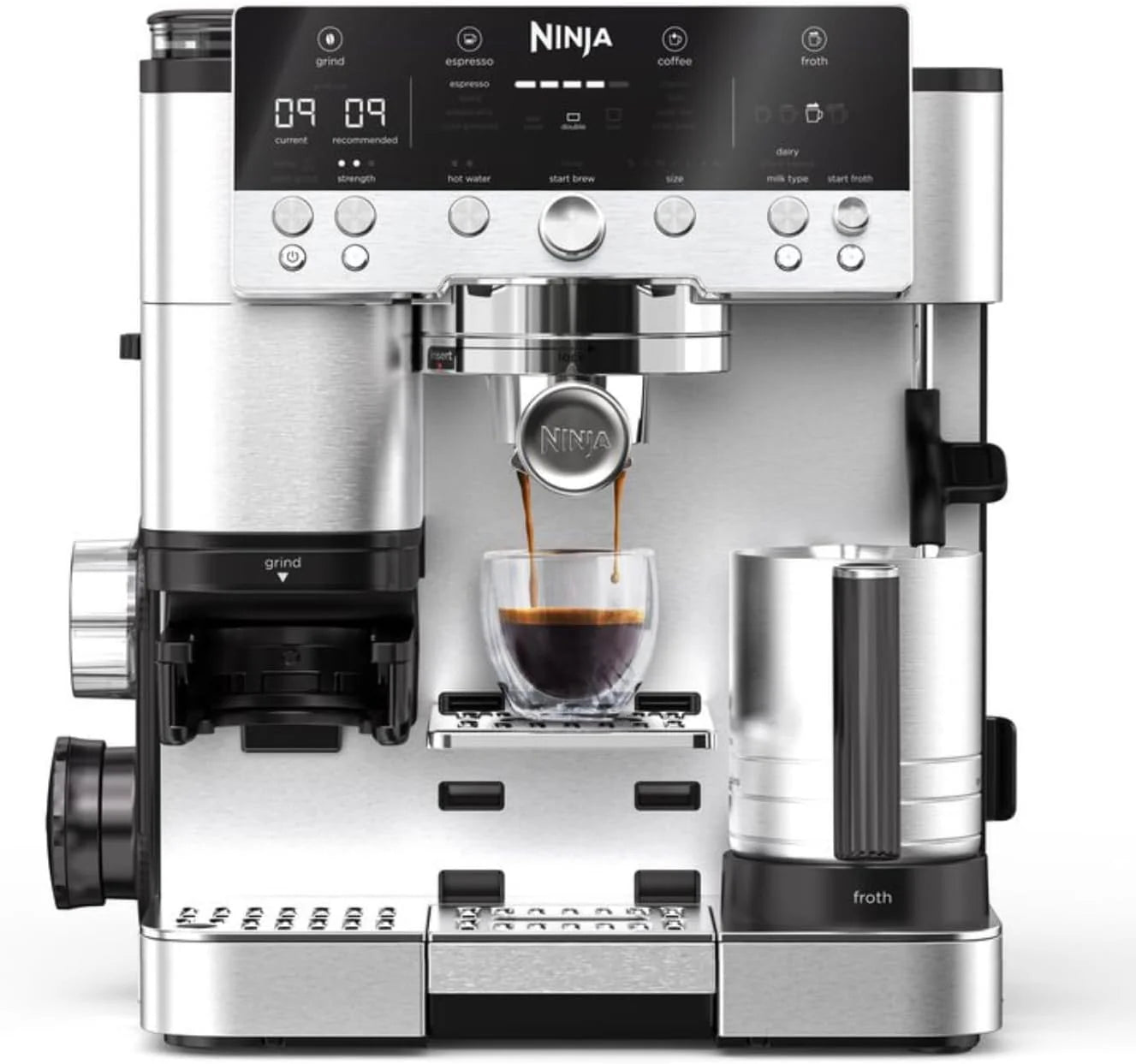 Ninja Luxe Premier Ekspres do kawy 3 w 1, latte, cappuccino, cold brew, espresso, wbudowany młynek i spieniacz do mleka, łatwy w obsłudze, 4 automatyczne ustawienia spieniania, srebrny, ES601EU