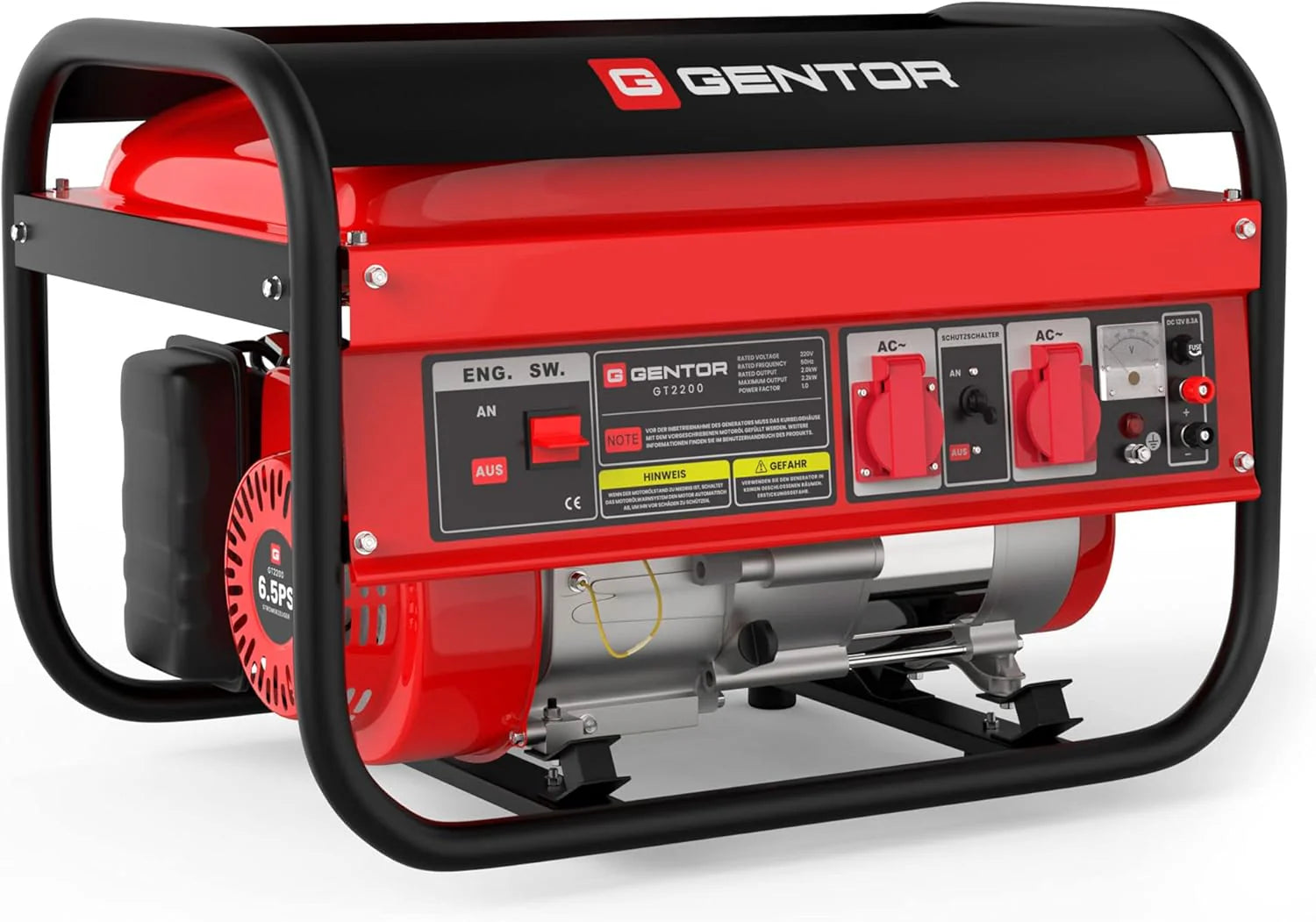 GENTOR generator prądu awaryjnego benzyna cichy 2200 Watt 6.5HP, generatory prądu 4-suwowy silnik benzynowy, 2x 230V, 1x 12V, pull-start, dla kempingu, na zewnątrz, warsztat, dom