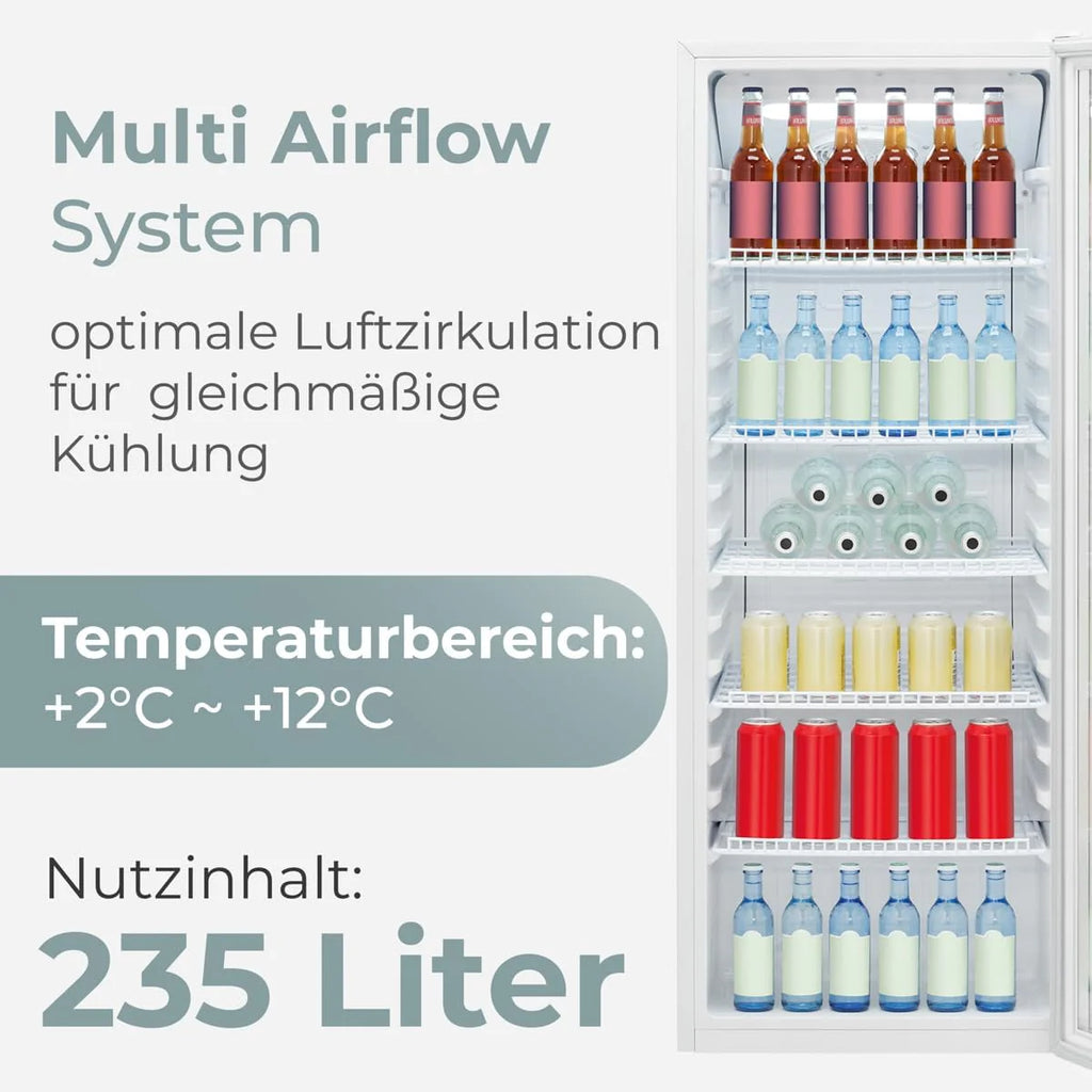 Lodówka Bomann® z drzwiami szklanymi, Klasa energetyczna C, 143 cm, Lodówka na napoje 2-12°C, MultiAirflow, 5 półek drucianych, Odwracalny zawias drzwi, 236 l, Chłodziarka na butelki, KSG 7292, biała