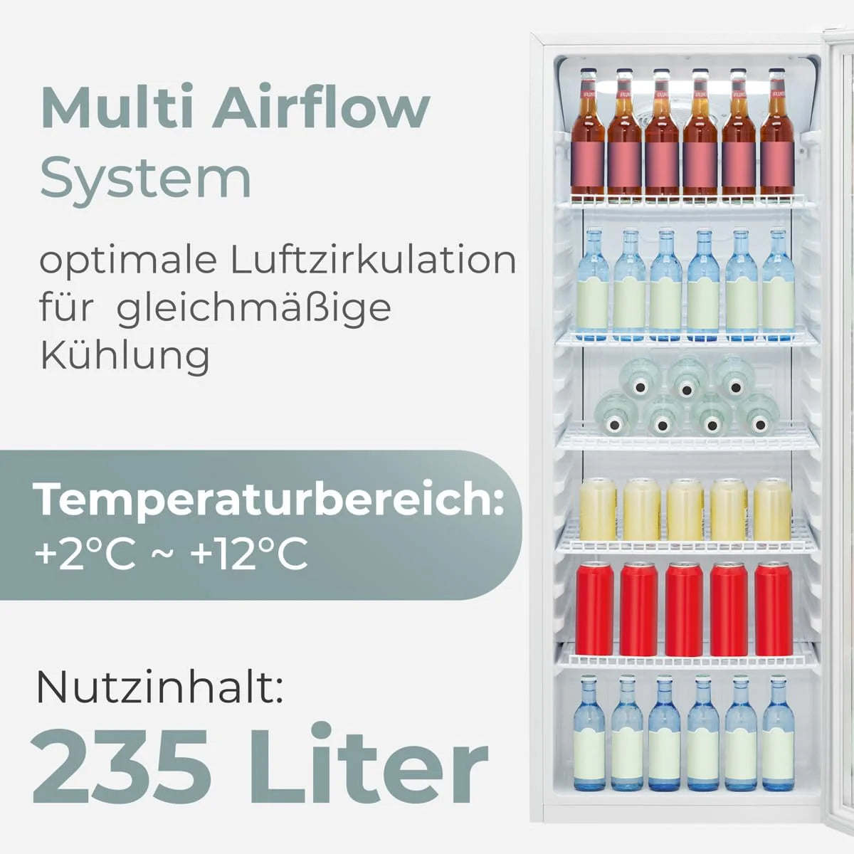Lodówka Bomann® z drzwiami szklanymi, Klasa energetyczna C, 143 cm, Lodówka na napoje 2-12°C, MultiAirflow, 5 półek drucianych, Odwracalny zawias drzwi, 236 l, Chłodziarka na butelki, KSG 7292, biała