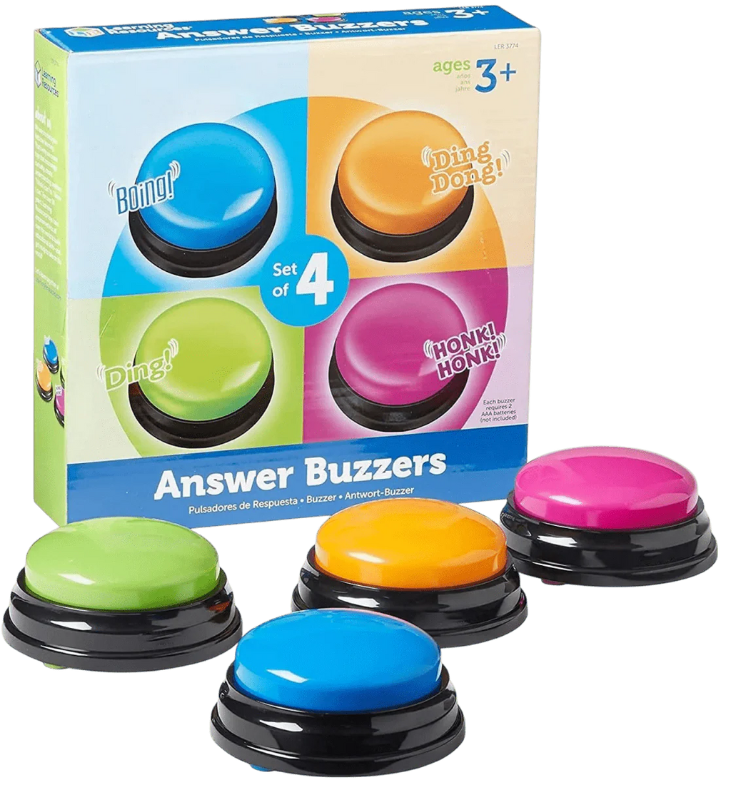 Learning Game Show Buzzers Set of 4 Colorful Pre-Recorded Sounds